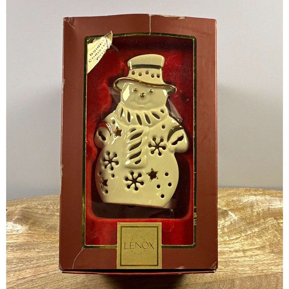 Lenox Bright Christmas Snowman Votive Tealight Holder Porcelain Gold Trim In Box